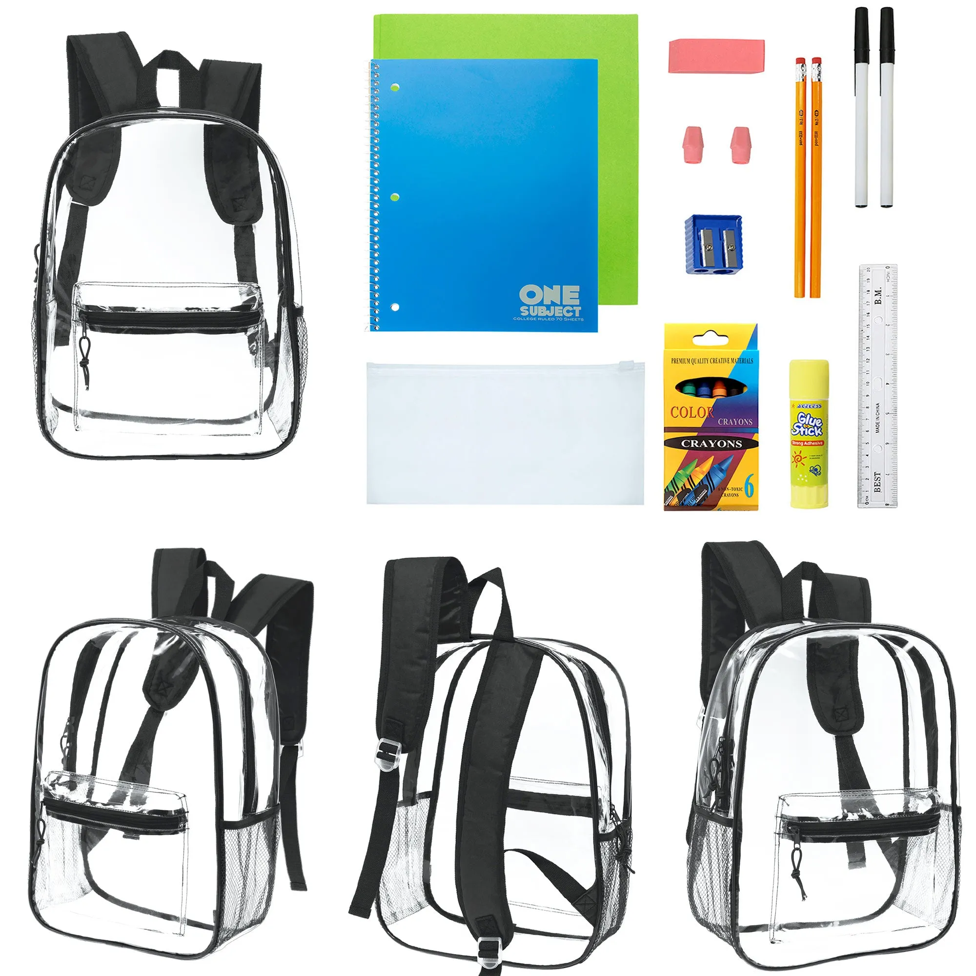 12 Wholesale 17" Clear backpacks with Black Trim & 12 Bulk School Supply Kits of Your Choice