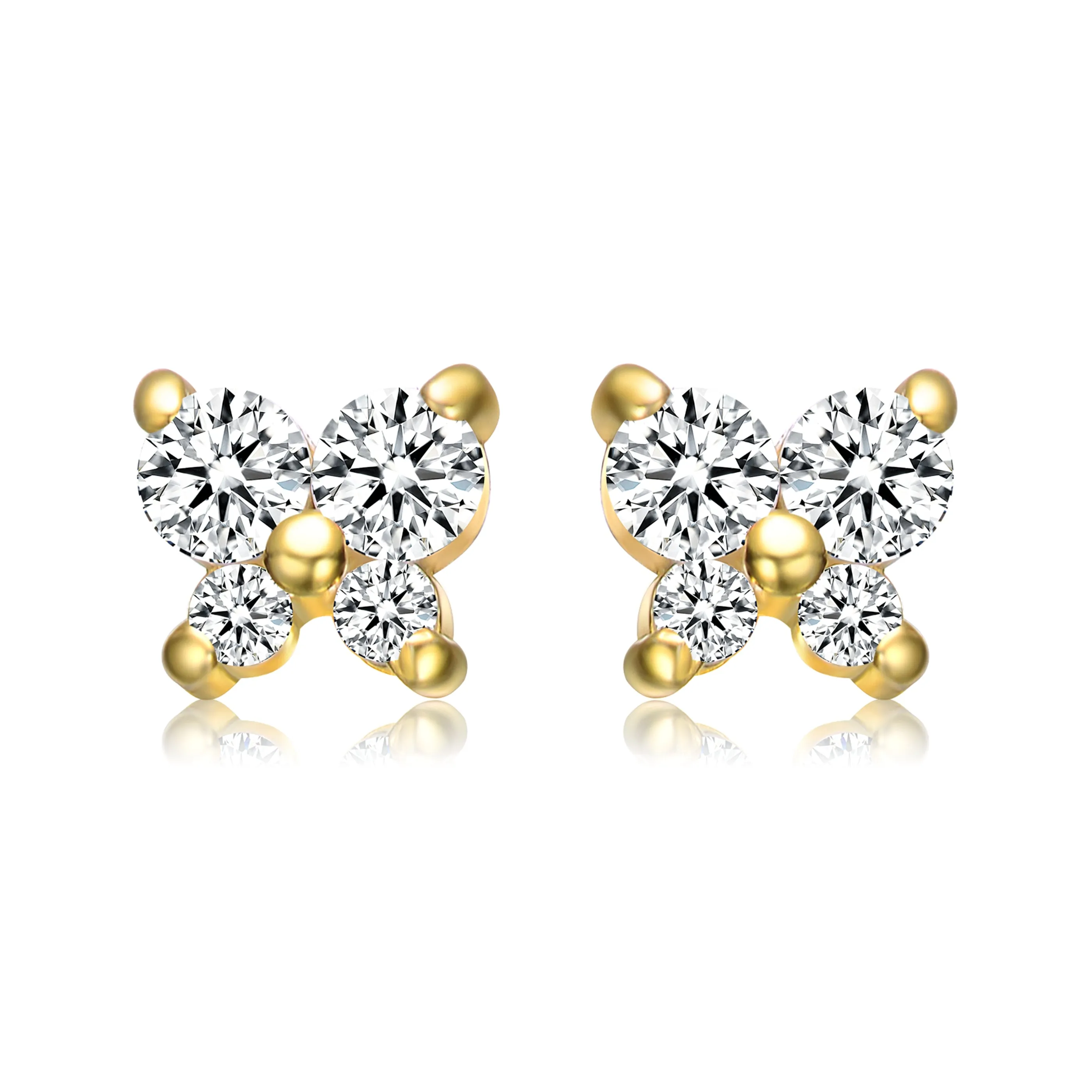 14k Gold Plated Cubic Zirconia Four-Stone Butterfly Cluster Stud Earrings