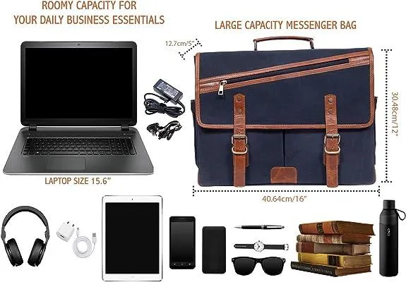 16 Inch Canvas Leather  Briefcase Computer Laptop Book Large Satchel