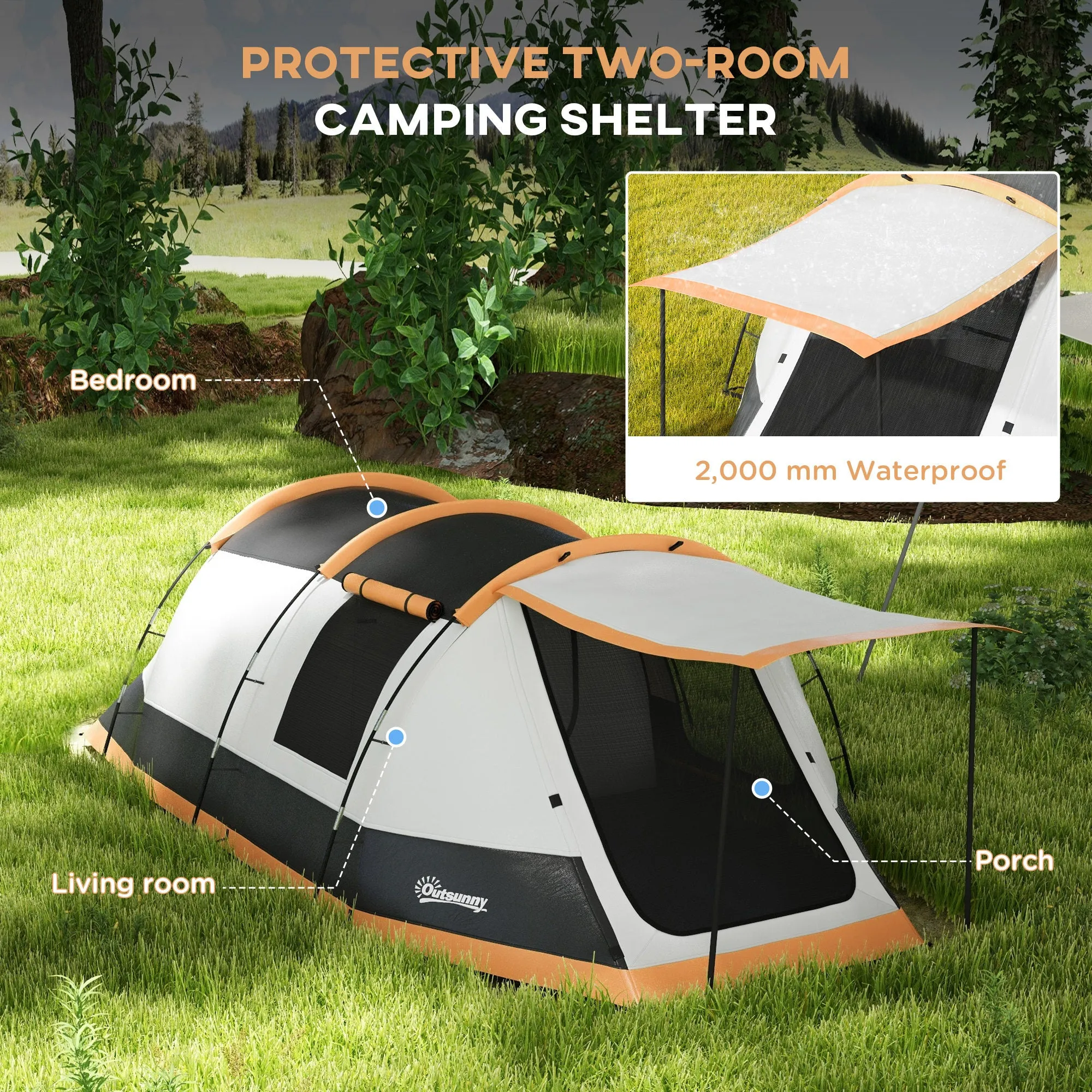 3-4 Man Camping Tent, Family Tunnel Tent, 2000mm Waterproof, Portable with Bag, Orange