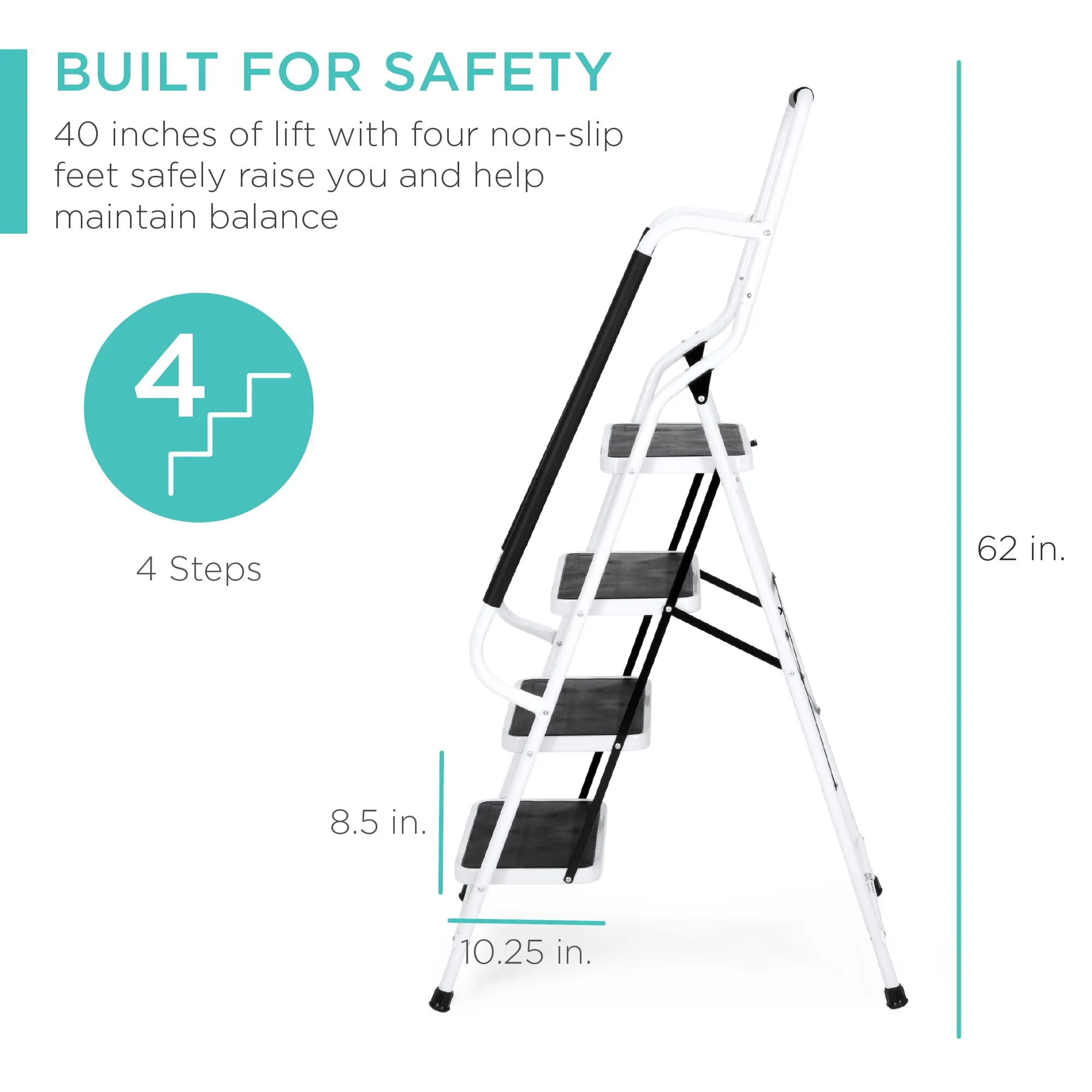 4-Step Portable Folding Ladder w/ Handrails, Attachable Tool Bag