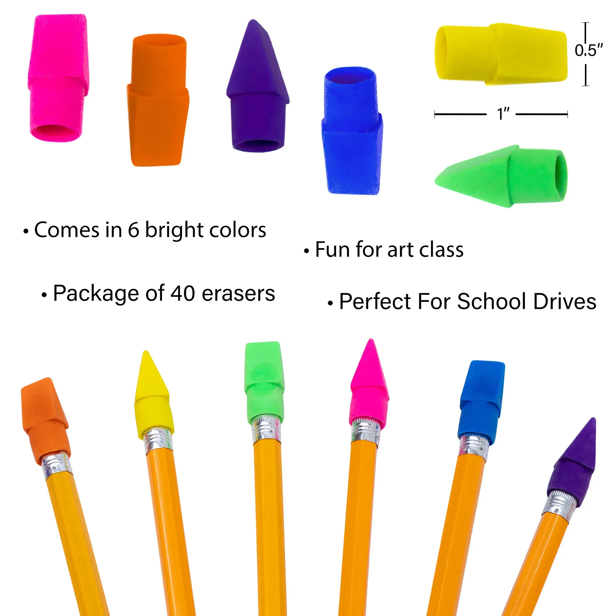 40 Pack of Colored Pencil Cap Erasers - Bulk School Supplies Wholesale Case of 96 Packs of Colored Pencil Cap Erasers