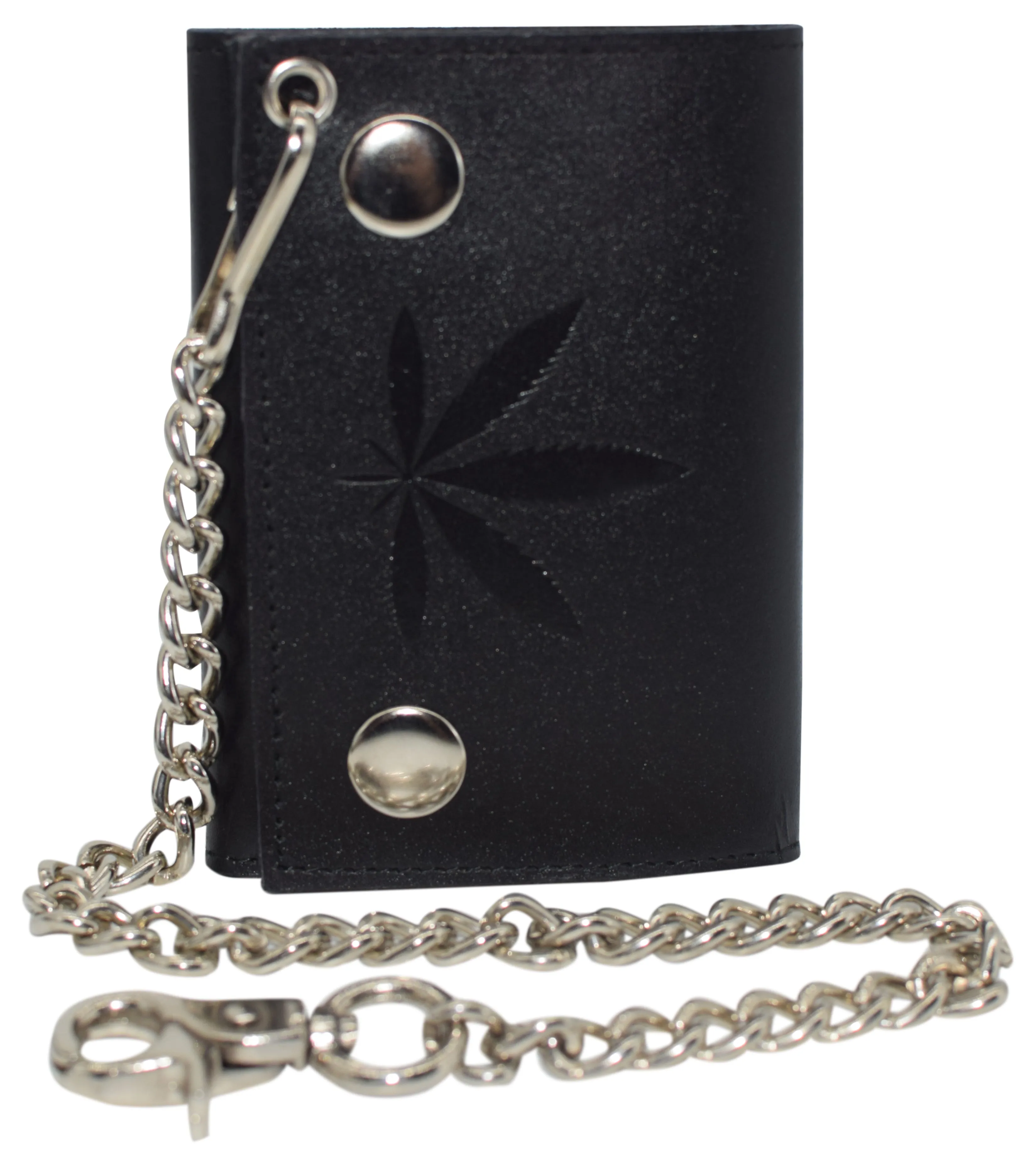 946-58 Marijuana Leaf Men's Tri-fold Biker Cowhide Leather RFID Blocking Steel Chain Wallet Snap closure