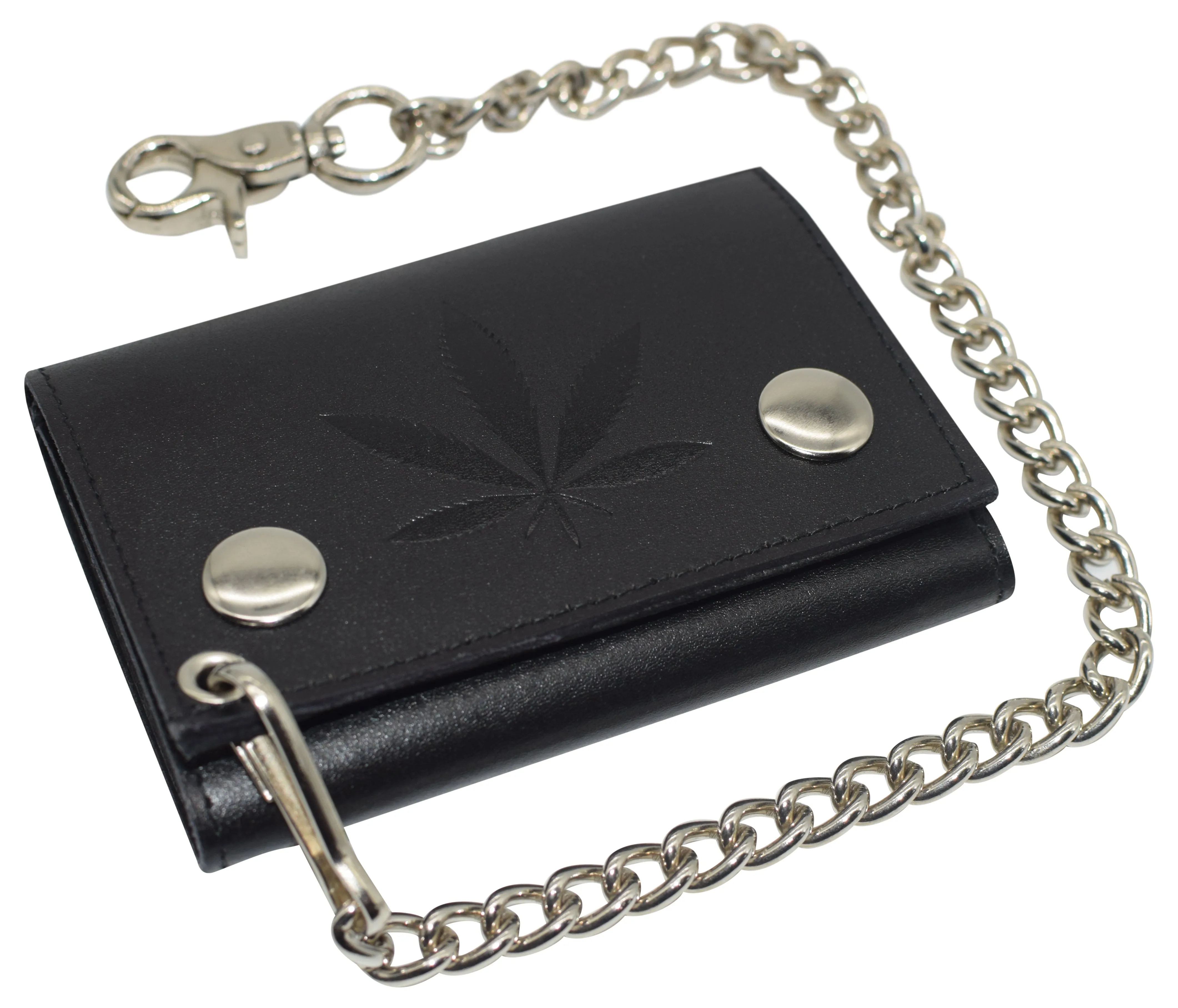 946-58 Marijuana Leaf Men's Tri-fold Biker Cowhide Leather RFID Blocking Steel Chain Wallet Snap closure