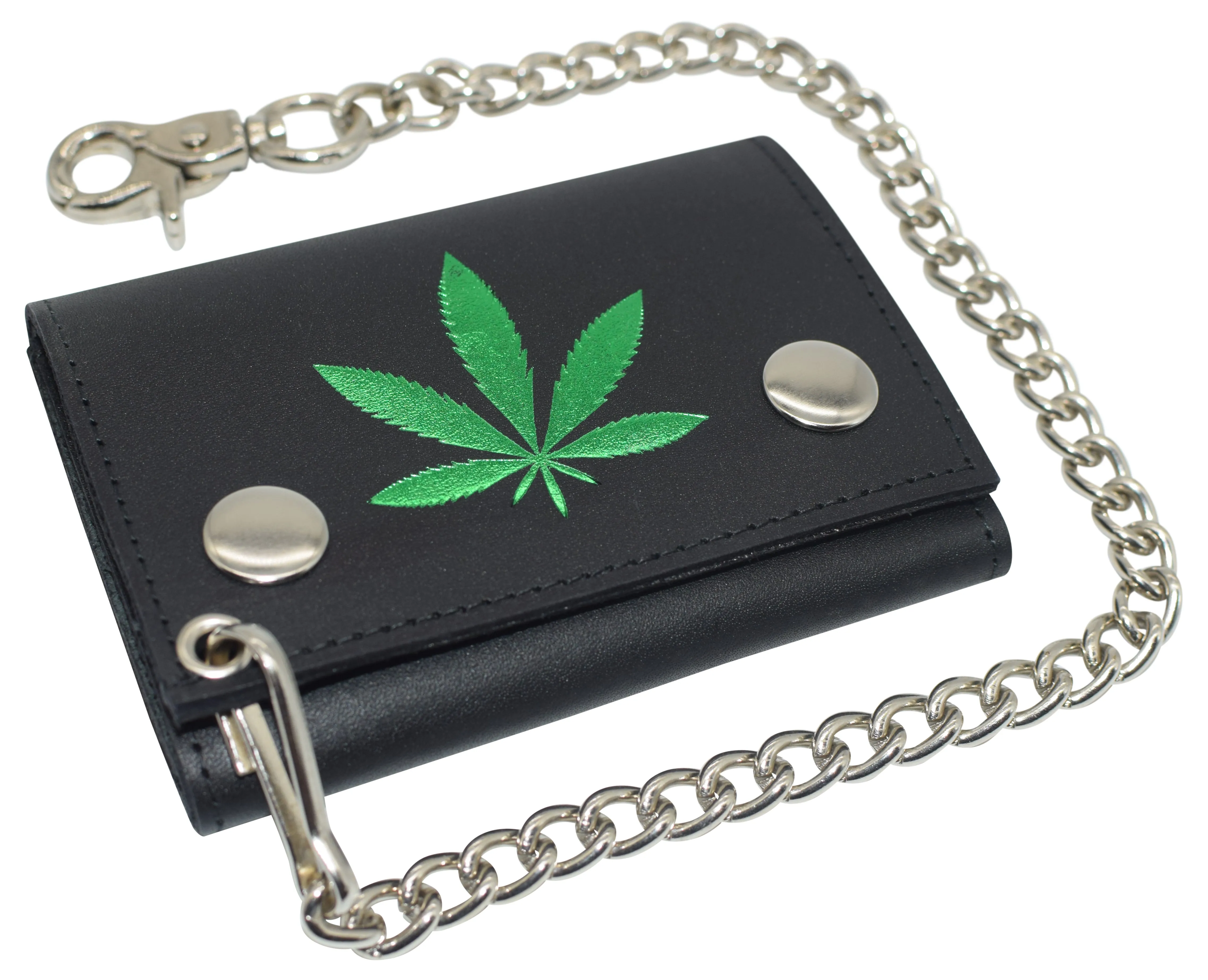 946-58 Marijuana Leaf Men's Tri-fold Biker Cowhide Leather RFID Blocking Steel Chain Wallet Snap closure