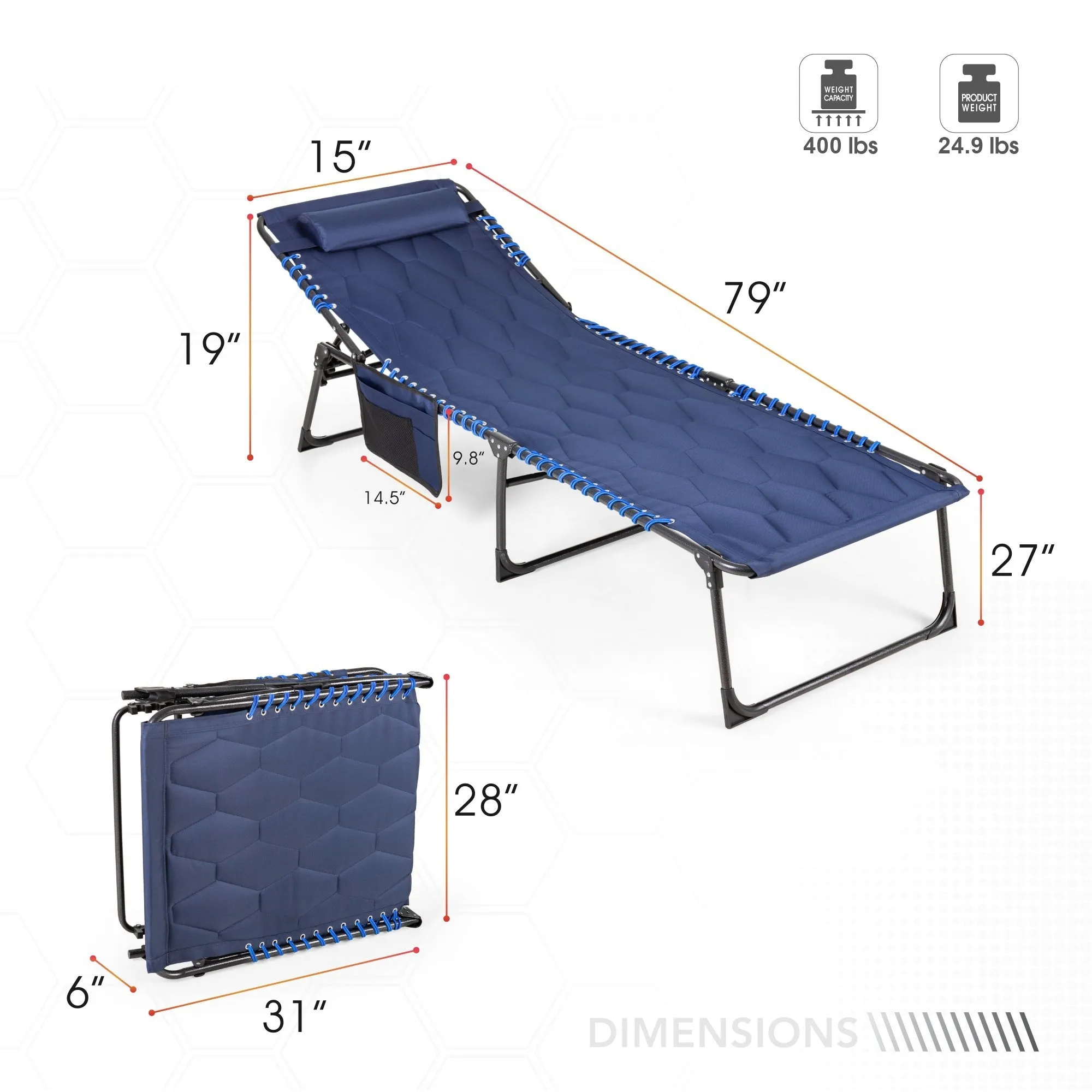 Alpha Camp 5 Position Adjustable Patio Folding Padded Chaise Lounge Chair Support Up to 400 lbs Outdoor Camping Cot with Pillow