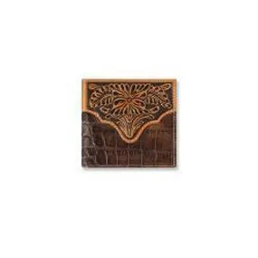 Ariat Brown Croc Textured Bifold Wallet with Floral Overlay