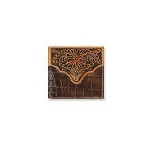 Ariat Brown Croc Textured Bifold Wallet with Floral Overlay