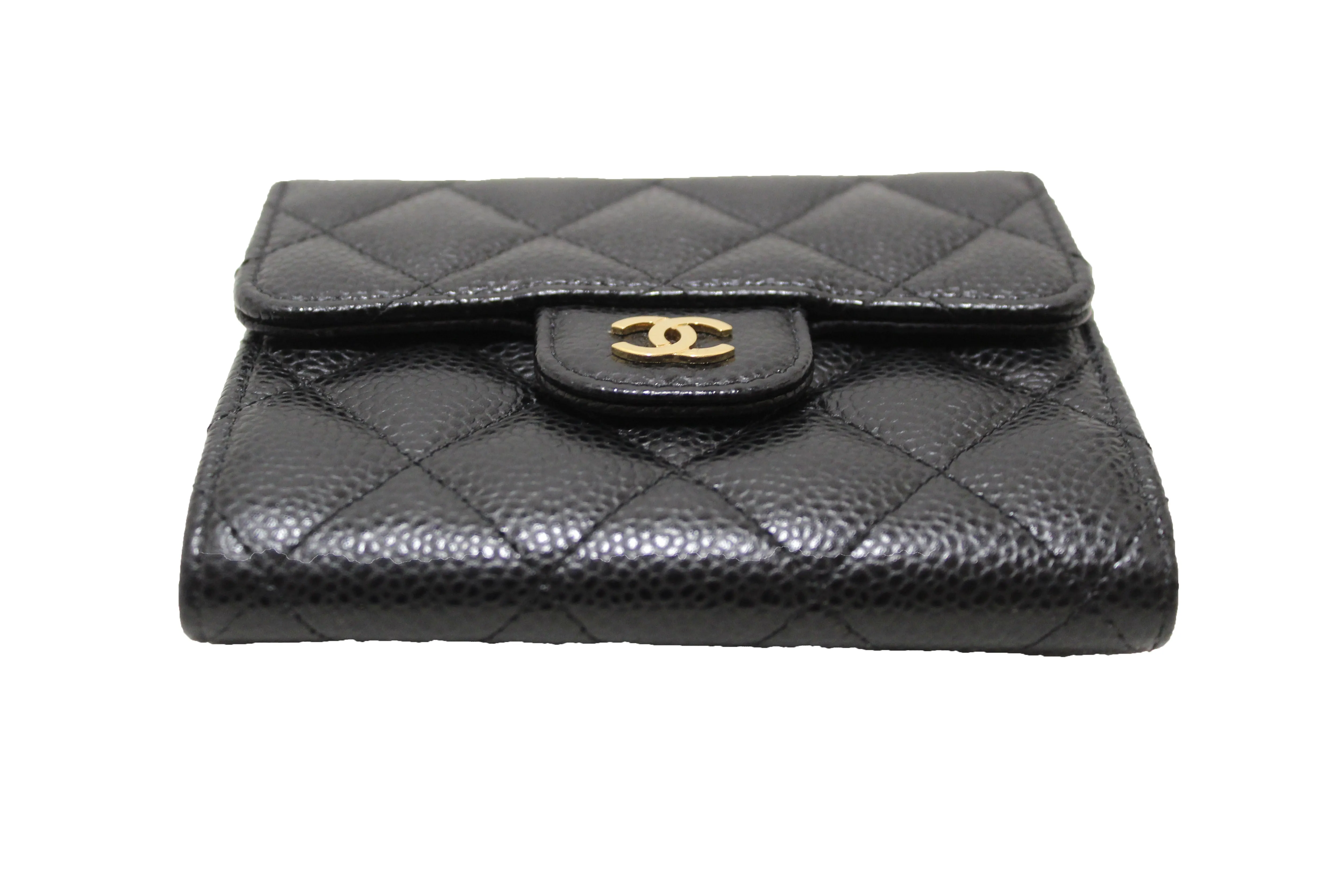 Authentic Chanel Black Quilted Caviar Leather Classic Small Flap Wallet