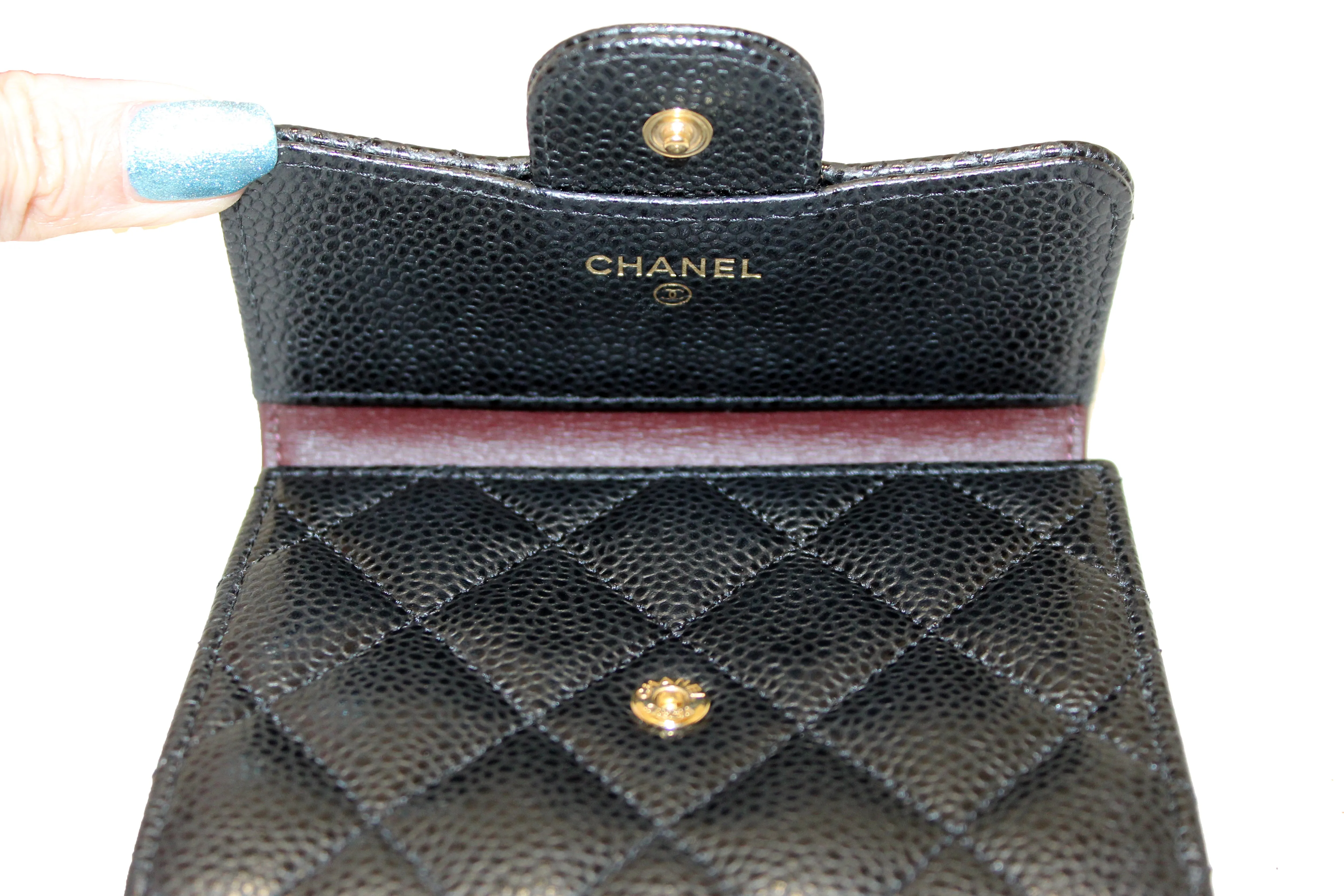 Authentic Chanel Black Quilted Caviar Leather Classic Small Flap Wallet