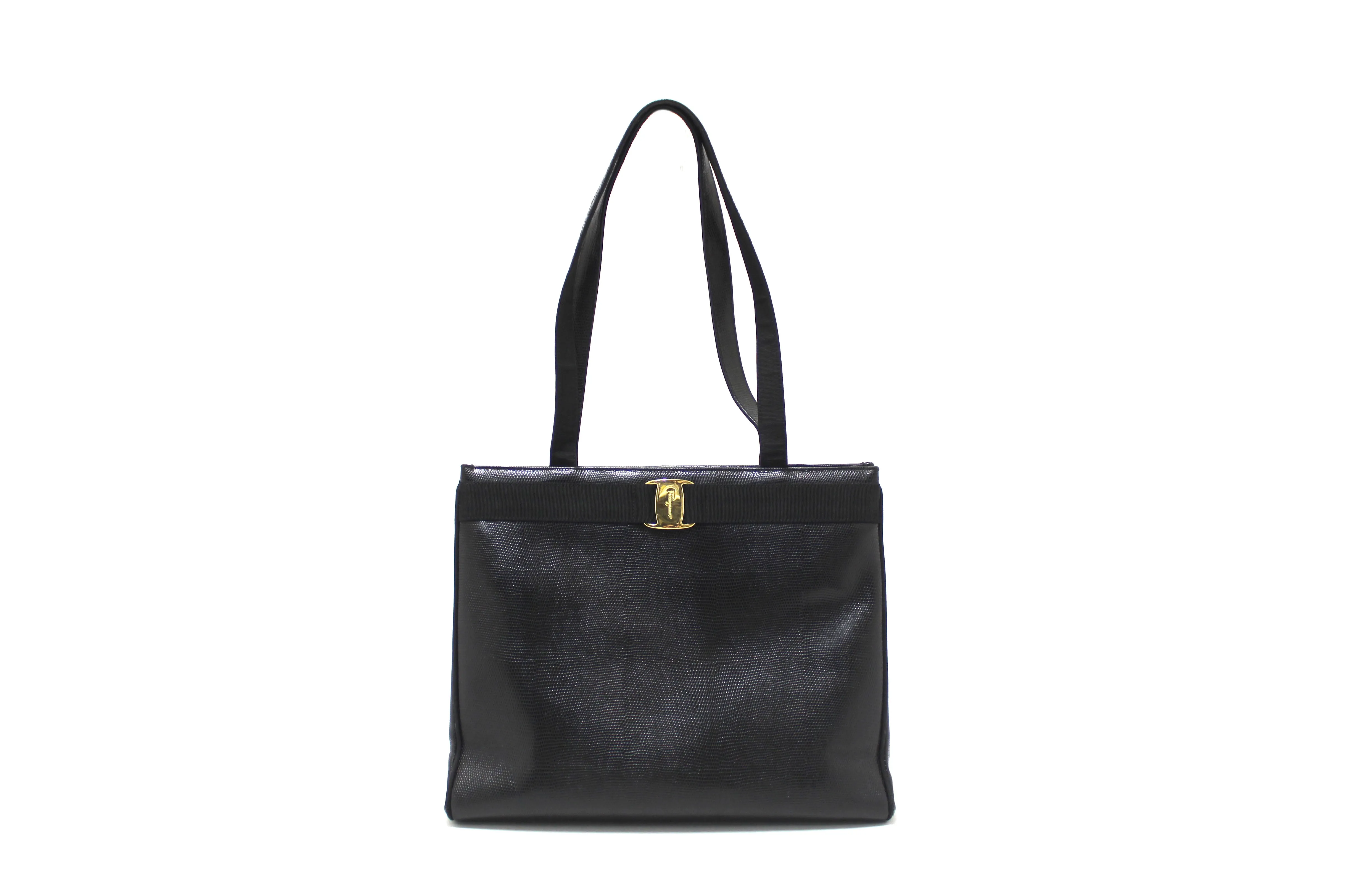 Authentic Salvatore Ferragamo Vintage Black Leather Vala Tote Bag