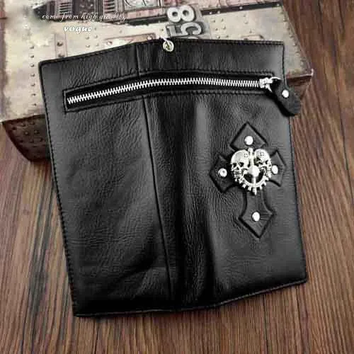 Badass Black Leather Men's Skull Long Biker Wallet Bifold Black Chain Long Wallets For Men