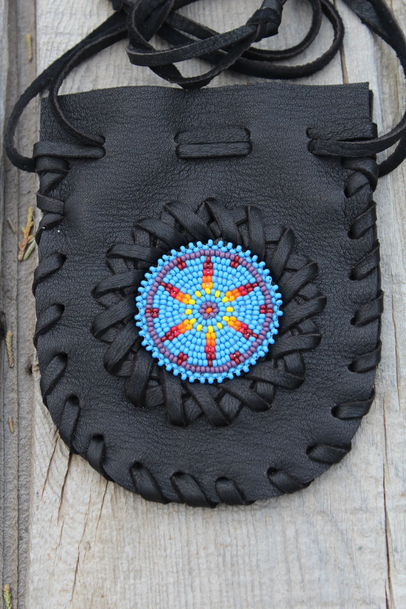 black beaded medicine bag, leather pouch