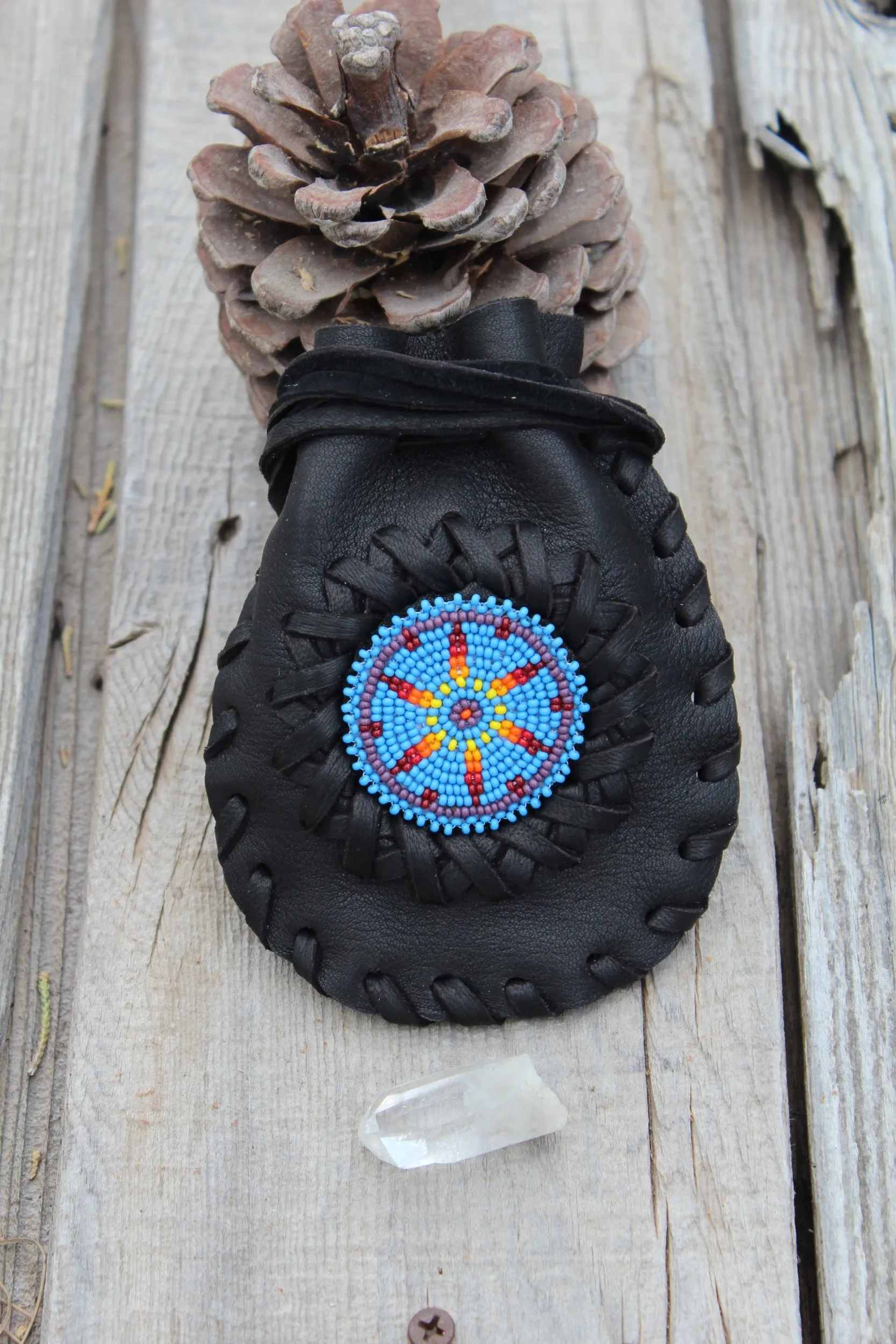 black beaded medicine bag, leather pouch