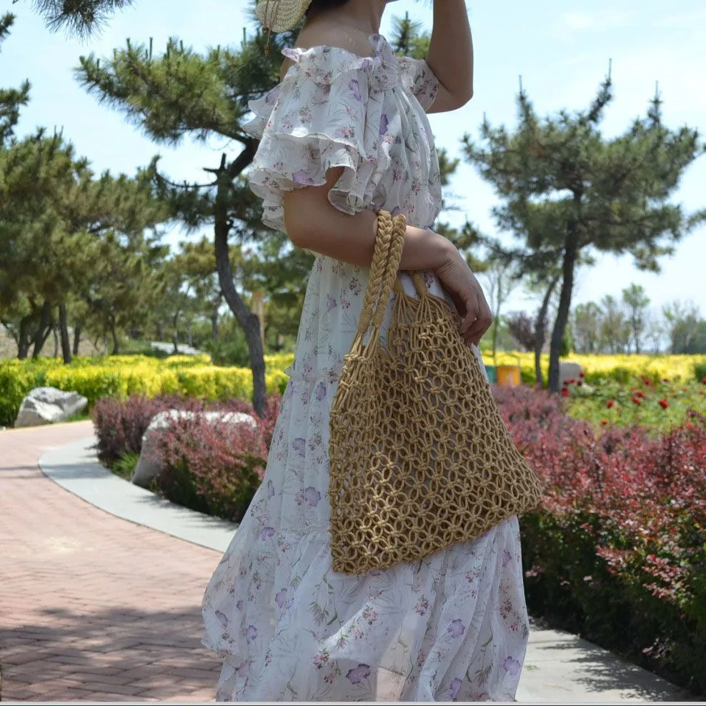 Bolsos Tejidos Crochet Hollow Woven Buckle Beach Tote Bag