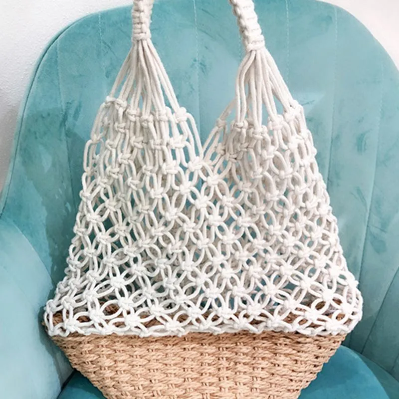 Bolsos Tejidos Crochet Hollow Woven Buckle Beach Tote Bag