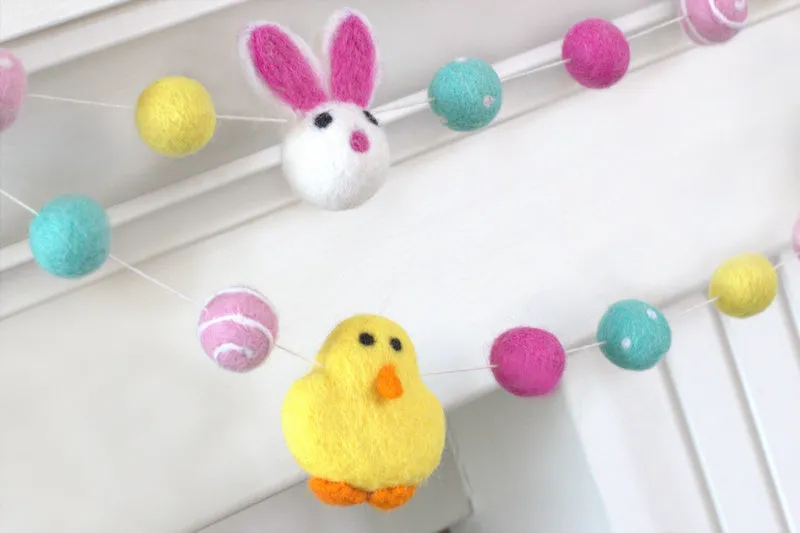 Bunny & Chick Easter Felt Ball Garland- Pink, Turquoise, Yellow