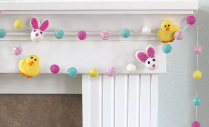 Bunny & Chick Easter Felt Ball Garland- Pink, Turquoise, Yellow