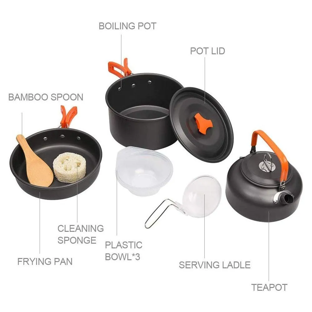 Camping Cookware Set Aluminum Portable Outdoor Tableware Cookset Cooking Kit Pan Bowl Kettle Pot Hiking BBQ Picnic