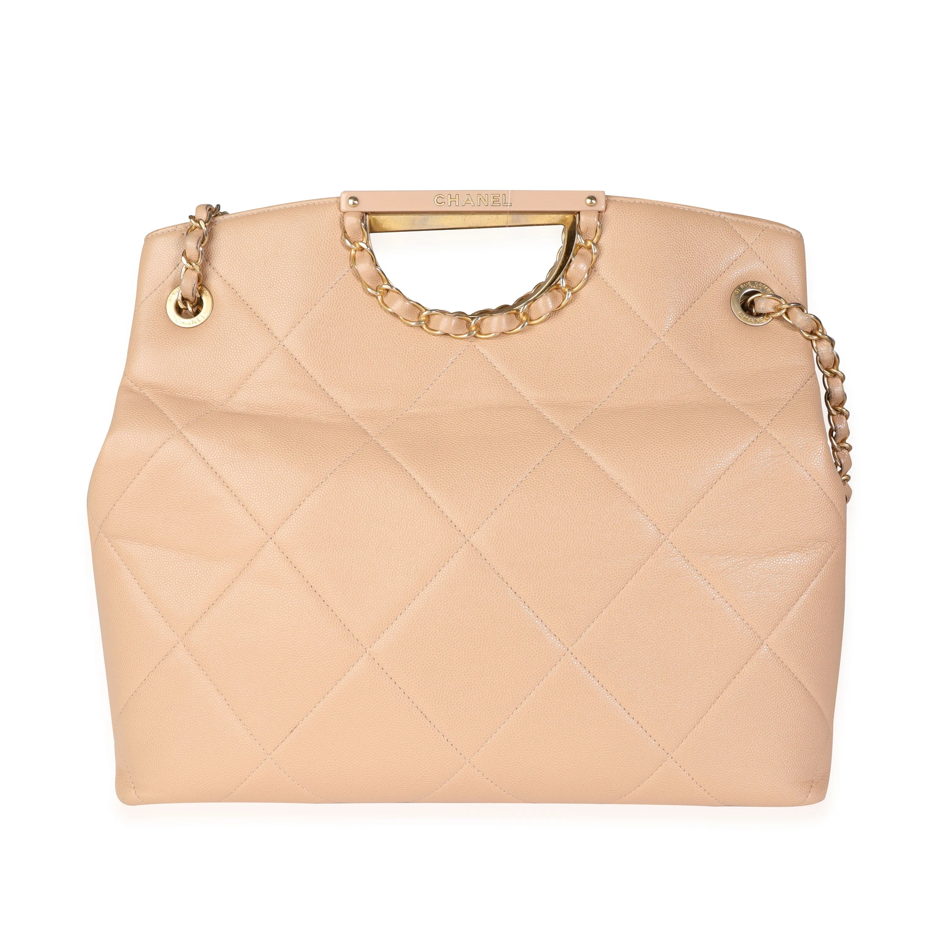 Chanel Beige Quilted Caviar Chain Frame Shopping Tote