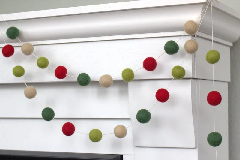 Christmas Felt Ball Garland- Red, Lime, Forest Green, Almond