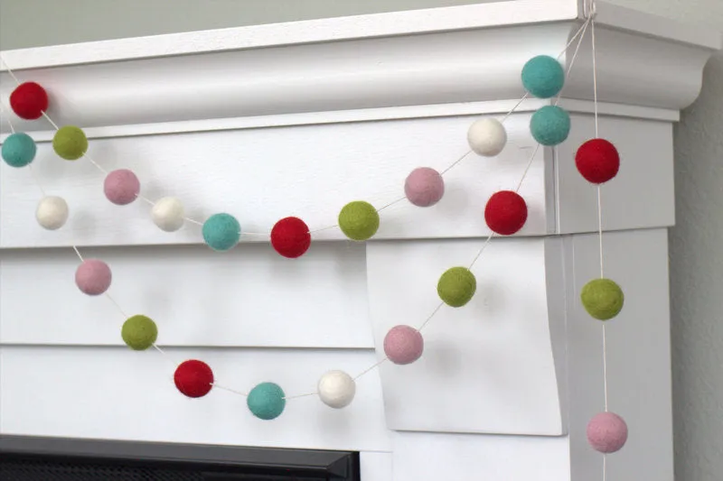 Christmas Felt Ball Garland- Red, Turquoise, Pink, Lime, White