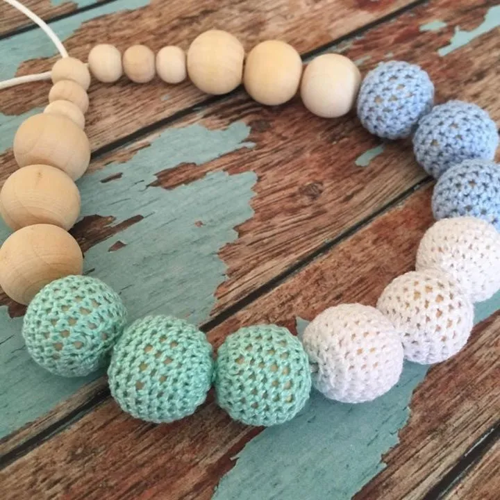 Crochet and Wood Bead Nursing Necklace - Blue/White/Mint Green