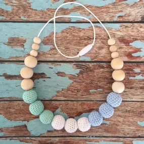 Crochet and Wood Bead Nursing Necklace - Blue/White/Mint Green