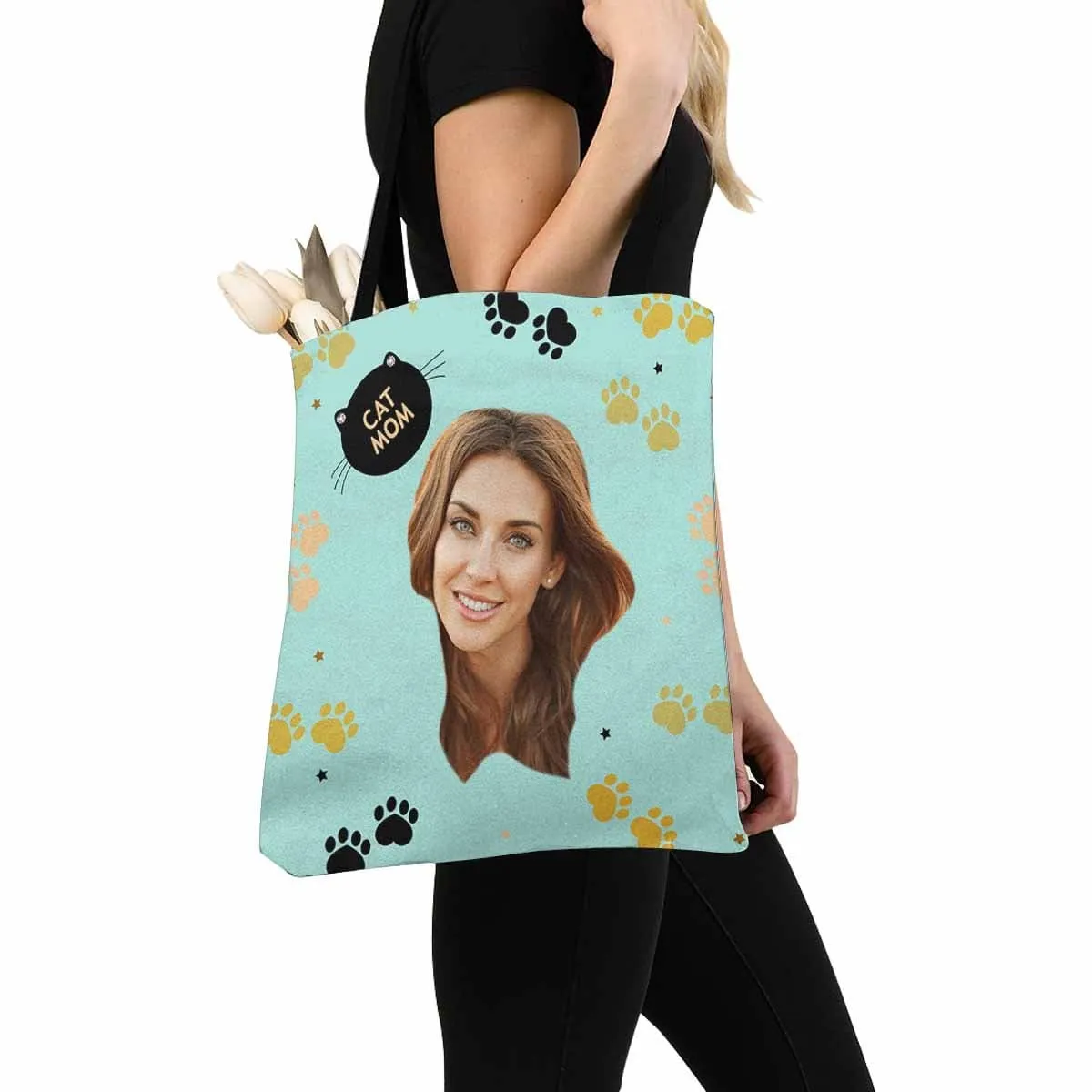 Custom Cat Mom Face Canvas Tote Bag