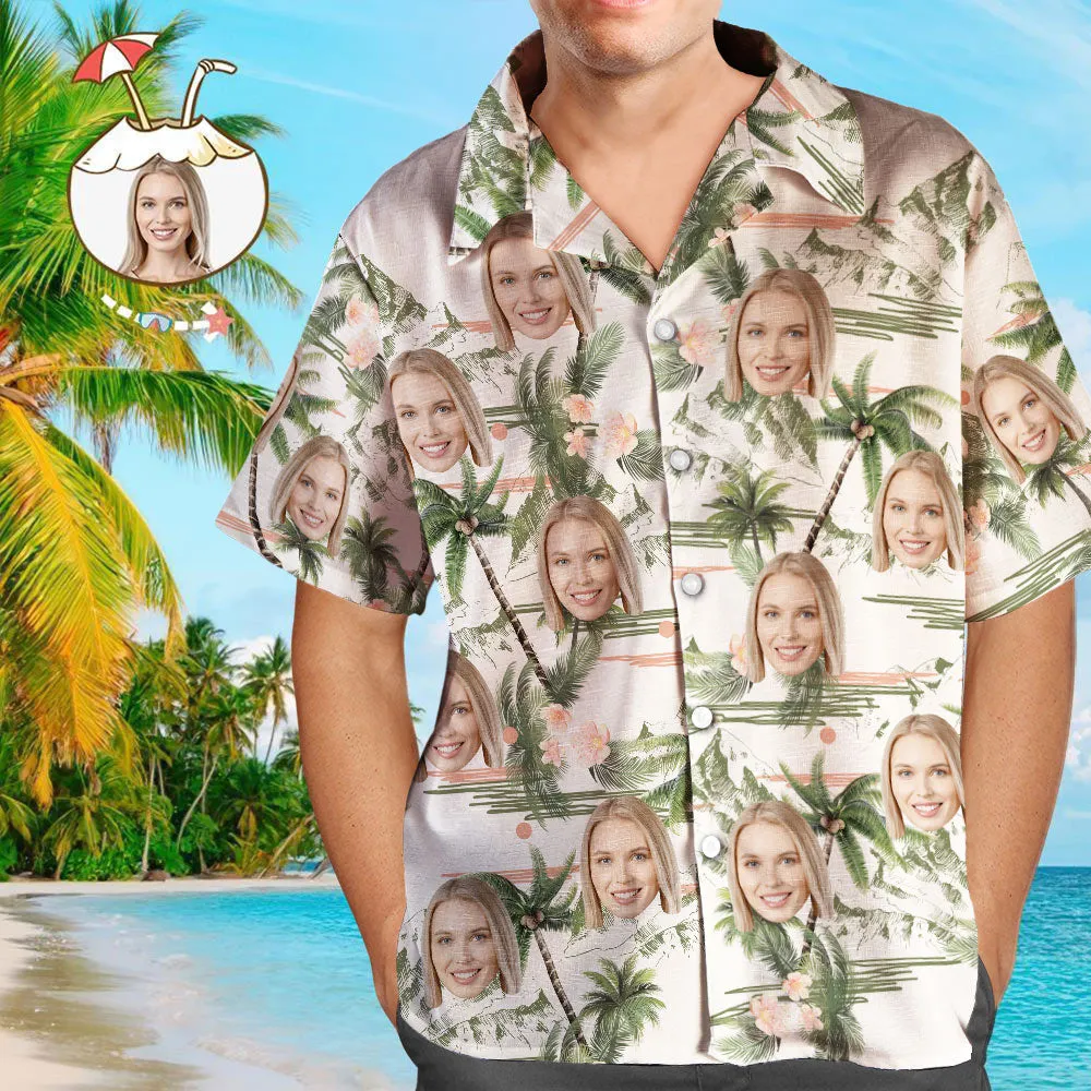 Custom Face Hawaiian Style Coconut Tree Long Dress And Shirt Couple Outfit