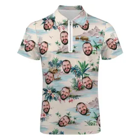 Custom Face Hawaiian Style Polo Shirt with Zipper Men's Polo Shirt for Boyfriend or Husband