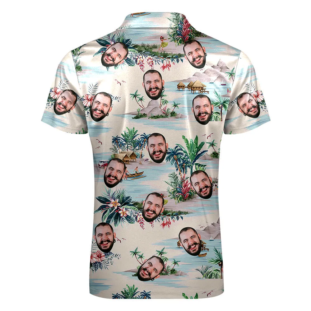 Custom Face Hawaiian Style Polo Shirt with Zipper Men's Polo Shirt for Boyfriend or Husband