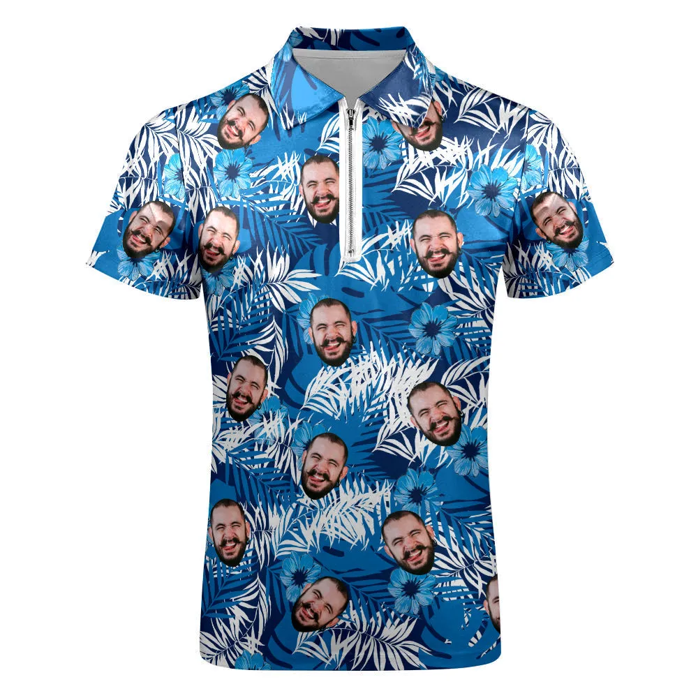 Custom Face Polo Shirt with Zipper Personalised Hawaiian Style Polo Shirt for Men