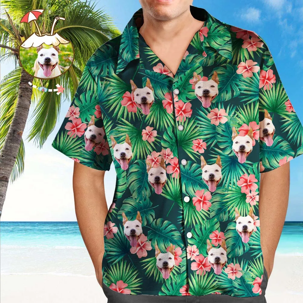 Custom Tropical Shirts Custom Pet Face Hawaiian Shirt Leaves & Flowers Shirt