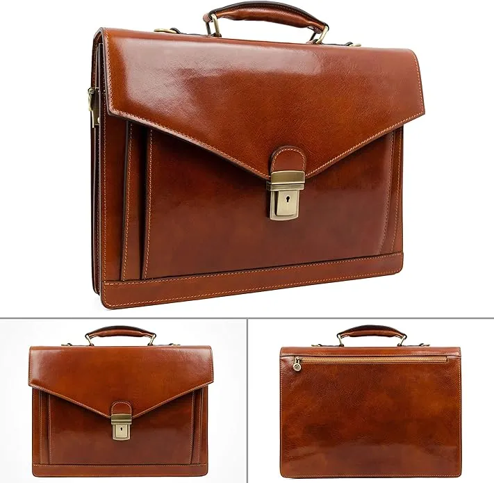 Dazzlo Leather Briefcase for Men - Business Laptop Bag - Handmade Leather Attache - Brown/Dark Brown/Black - 15.4"