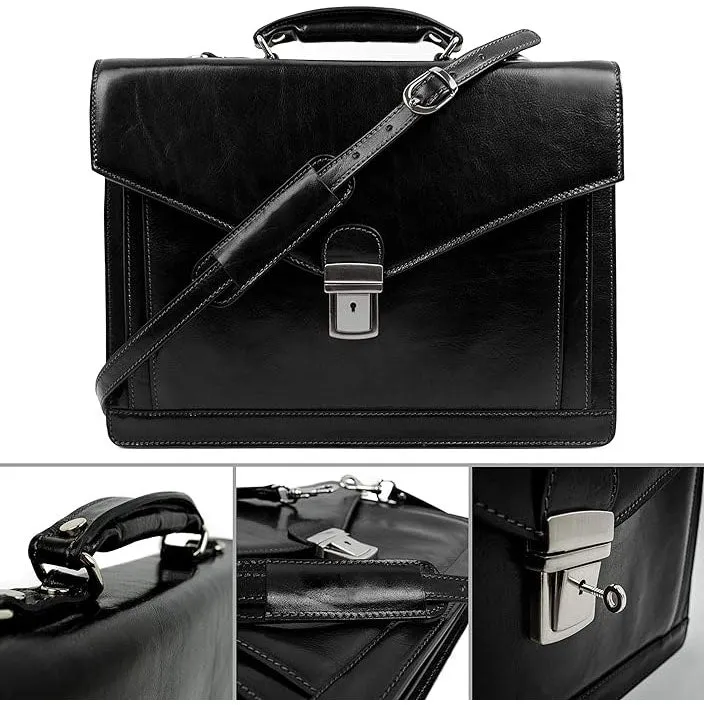 Dazzlo Leather Briefcase for Men - Business Laptop Bag - Handmade Leather Attache - Brown/Dark Brown/Black - 15.4"