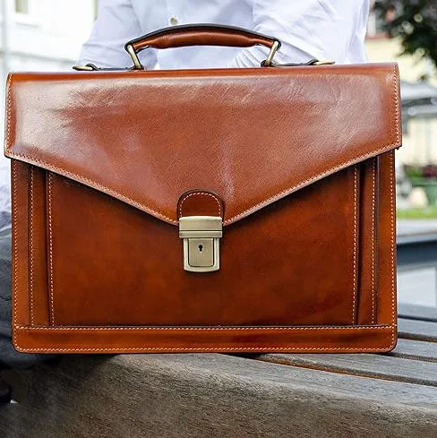 Dazzlo Leather Briefcase for Men - Business Laptop Bag - Handmade Leather Attache - Brown/Dark Brown/Black - 15.4"