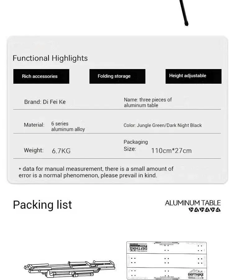 Difeike Outdoor Camping Three Piece Table Aluminum Tactical Table Portable Folding Lifting IGT Expansion Chicken Rolls Table