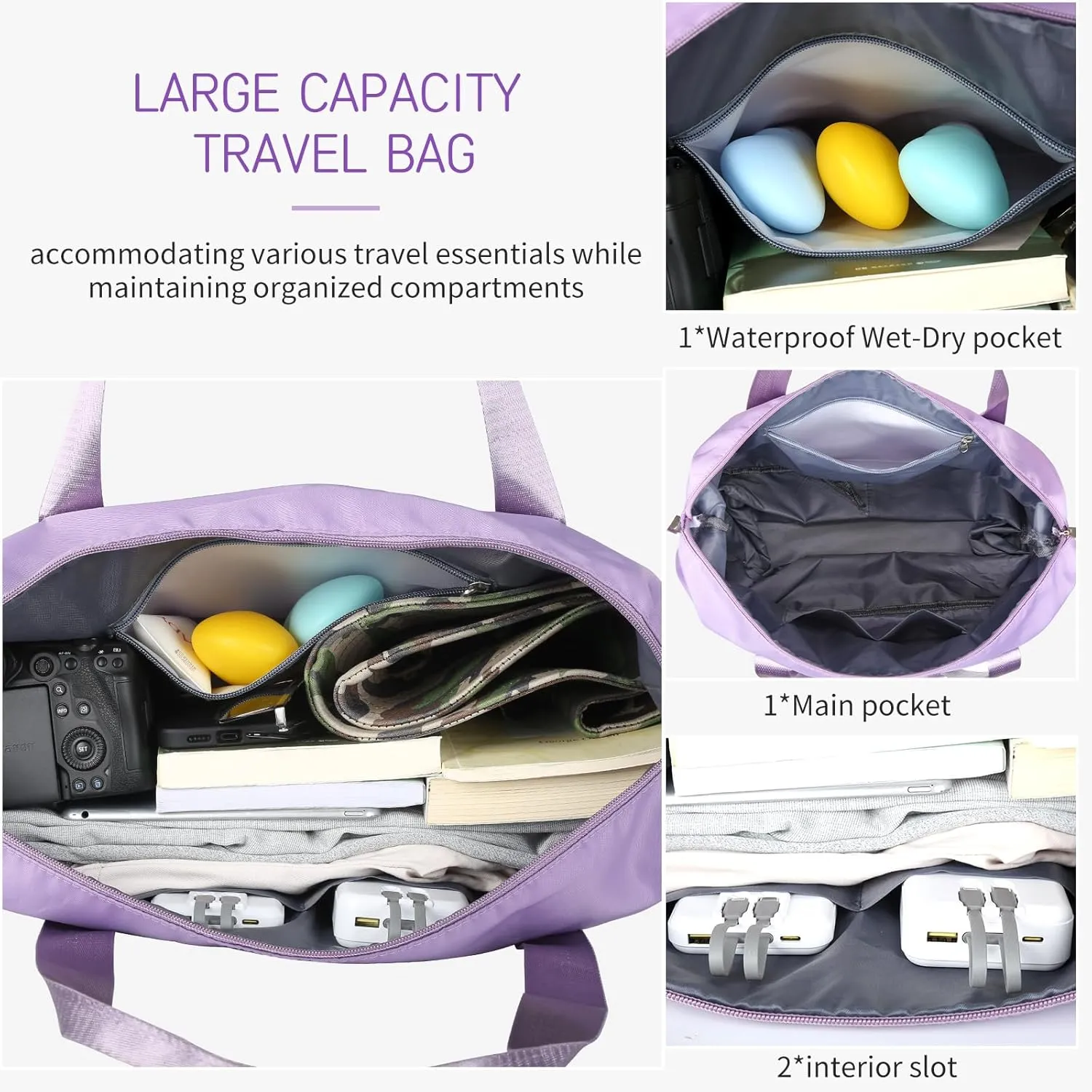 Expandable foldable duffel bag suitcase with Removable Wheels M -Purple