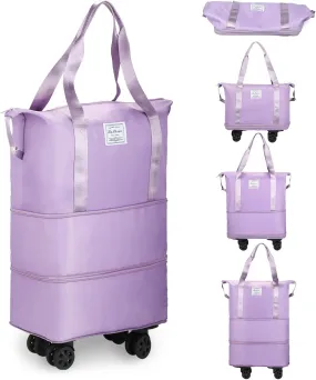 Expandable foldable duffel bag suitcase with Removable Wheels M -Purple