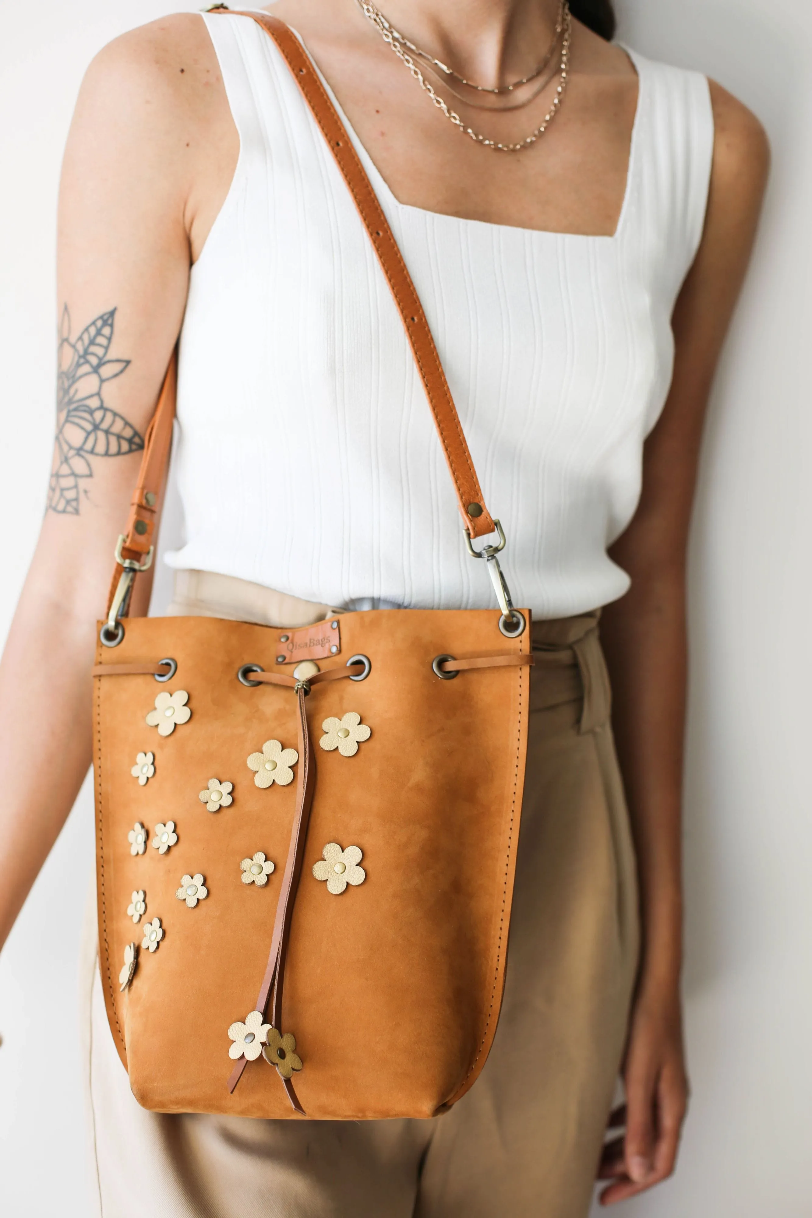 Floral Leather Bucket Bag