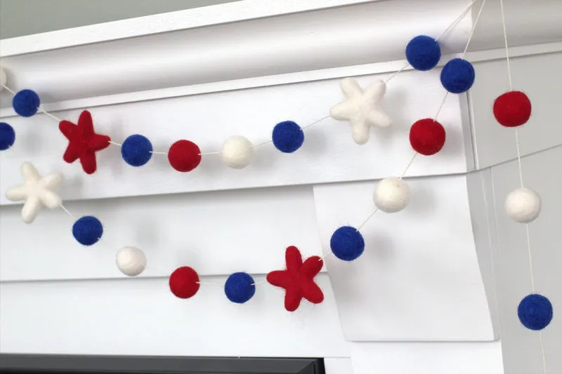 Fourth of July Felt Ball & Star Garland- Red, White, Royal Blue