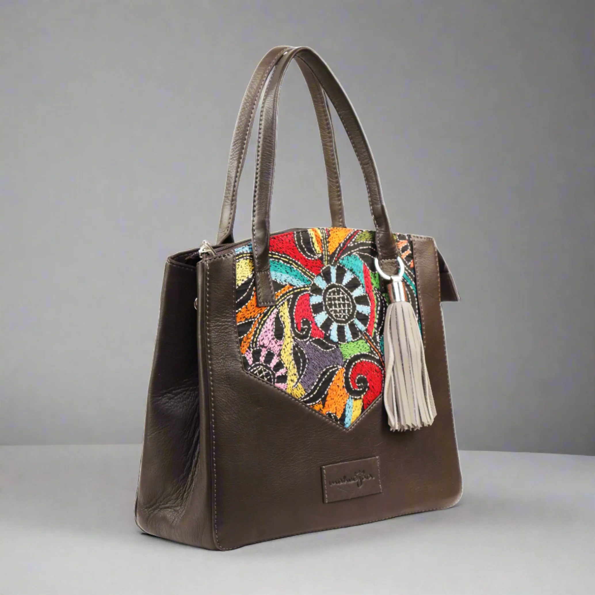 Genuine Leather-Kantha Handcrafted Tote Bag Grey