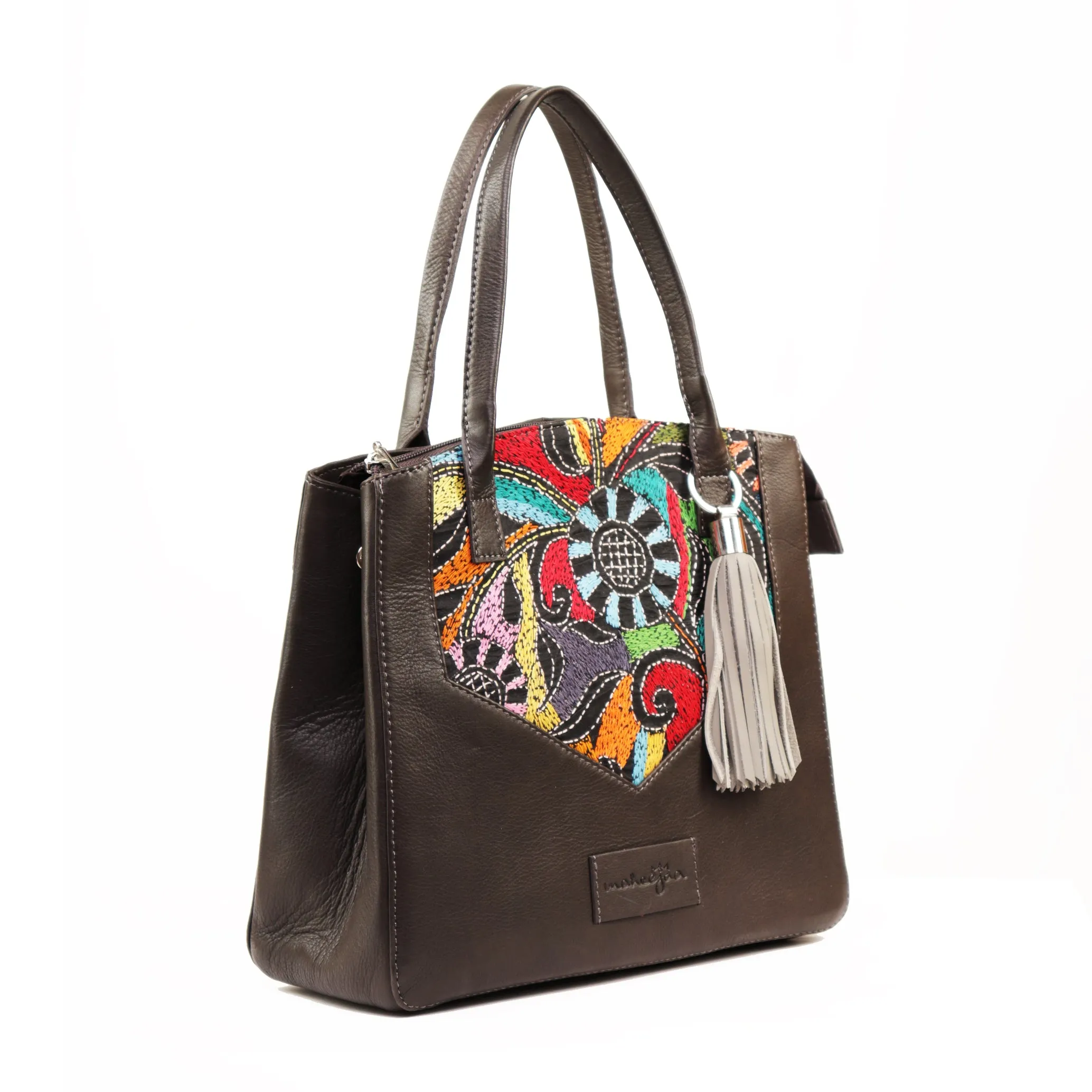 Genuine Leather-Kantha Handcrafted Tote Bag Grey