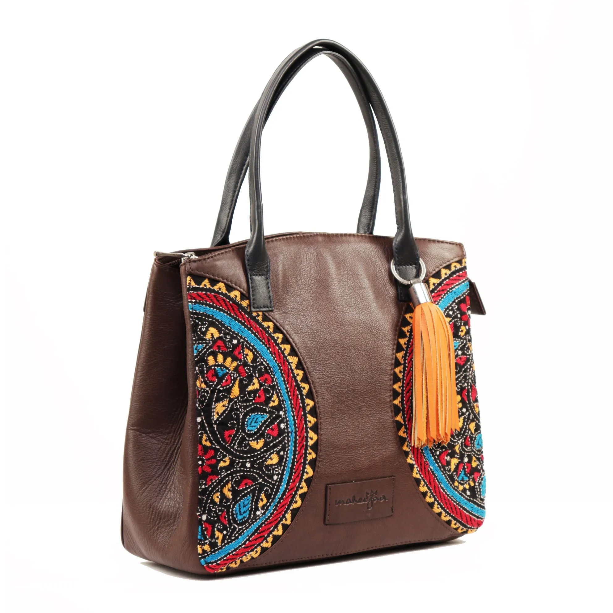 Genuine Leather-Kantha Handcrafted Tote Bag Women (Brown, Black)