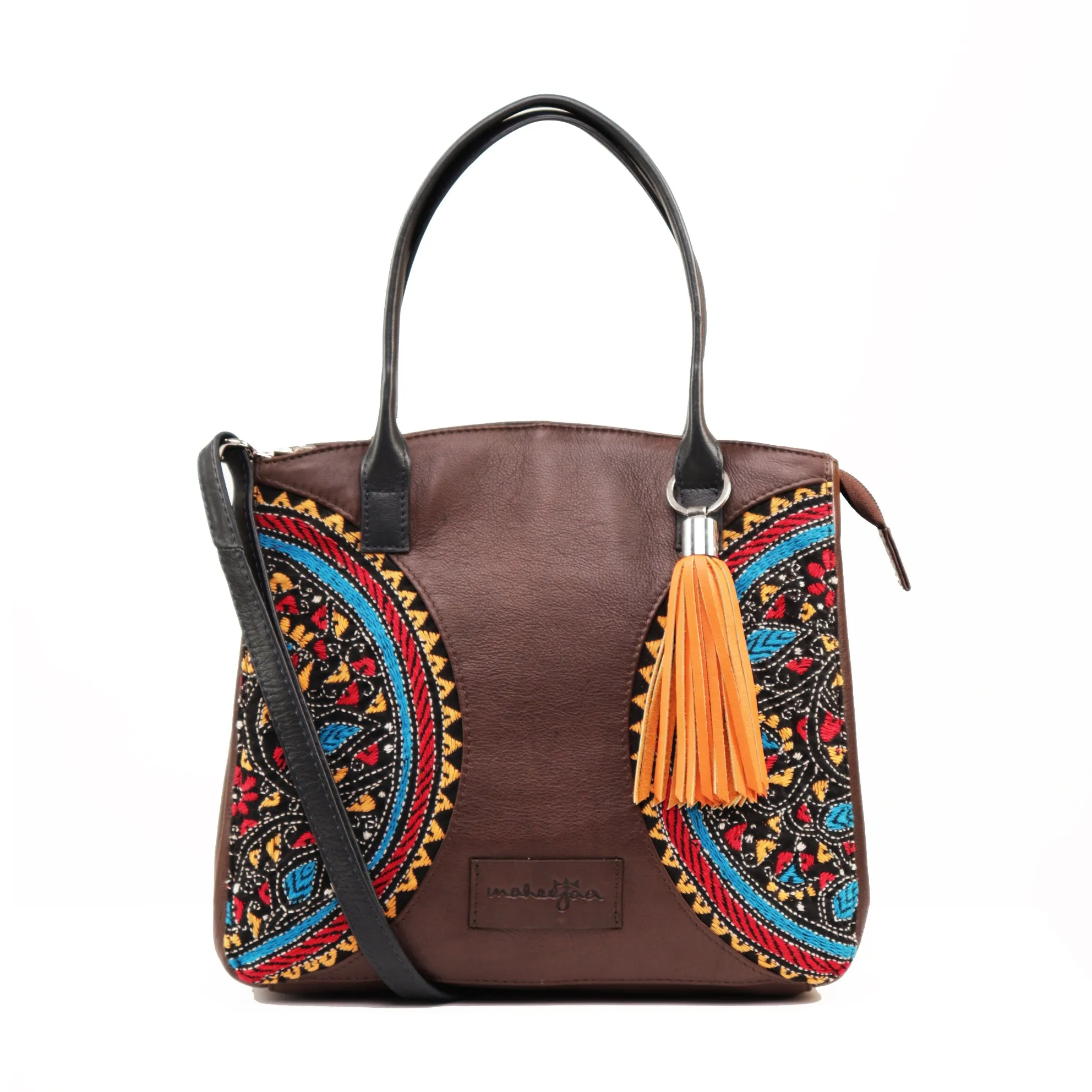 Genuine Leather-Kantha Handcrafted Tote Bag Women (Brown, Black)