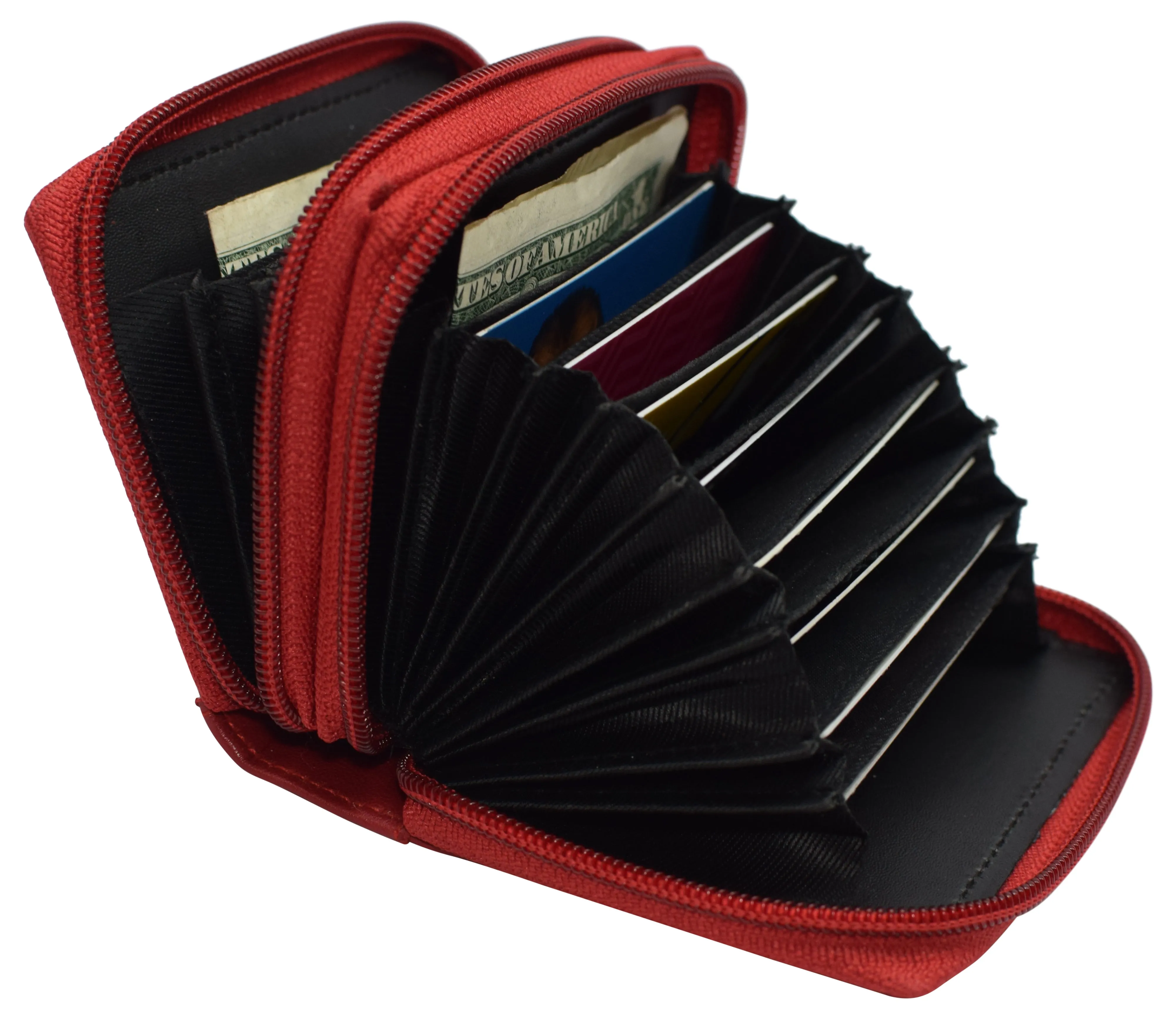 Genuine Leather RFID Identity Protected Double Zippered Accordion Wallet