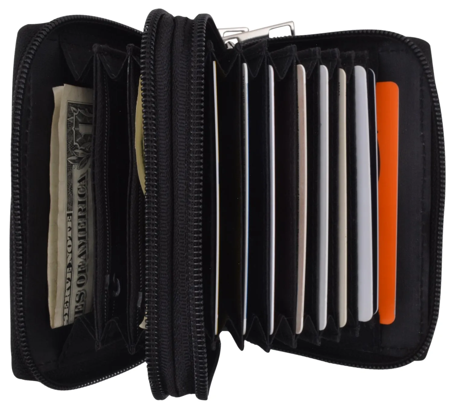 Genuine Leather RFID Identity Protected Double Zippered Accordion Wallet