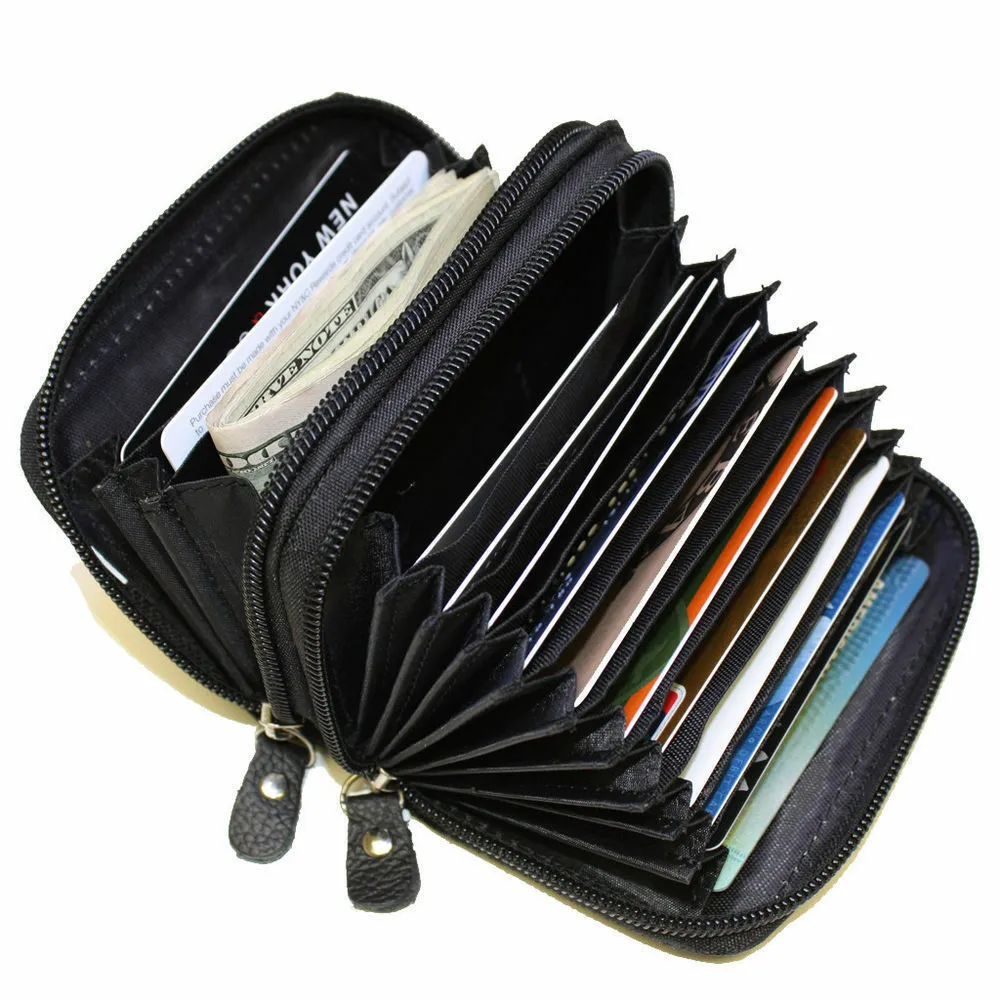 Genuine Leather RFID Identity Protected Double Zippered Accordion Wallet