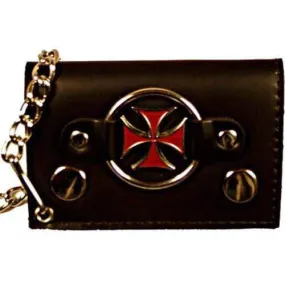 Genuine Leather Trifold Biker's Wallet ID Card Holder w/ Chain Red Chopper Cross 1046-8 (C)